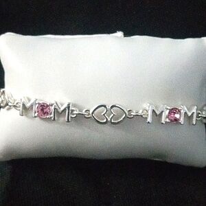 Beautiful Silver / Pink Stones Mom  Bracelet sz.7"/ Free Heart Earrings